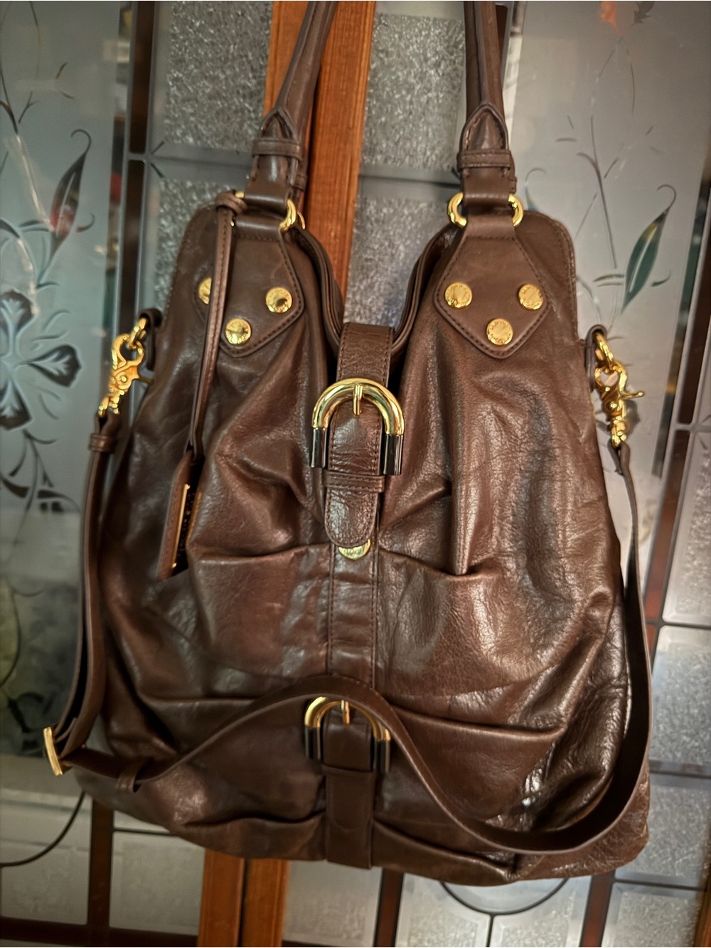 Classic Brown Leather Shoulder Bag with Gold Accents